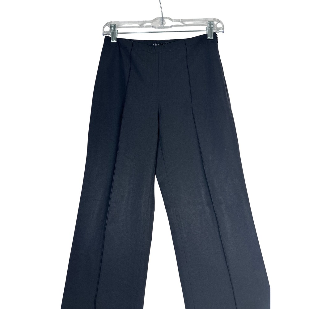 Theory Lightweight Wool Blend Trousers Black 0 Wide Leg Minimalist Quiet Luxury - Picture 3 of 11
